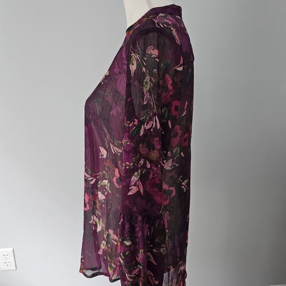 KUT from the KLOTH purple BLOUSE top FLORAL l/s SHEER hi-low BUTTONS - Picture 3 of 12